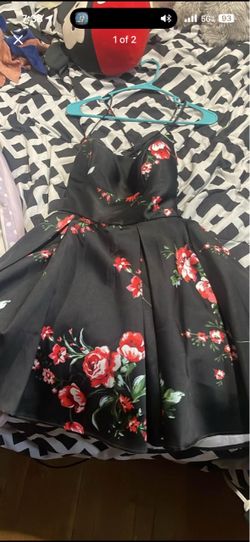 Black Floral Satin Fit-and-Flare Mini Dress
