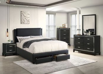 Brand New Black Leather Full Size Storage Platform Bed Frame
