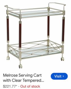 Melrose Serving Cart with Clear Tempered Glass and Nickel Brush Metal Frame