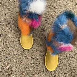 Mustard Multi Foxy Furry Boots Sizes 9,9.5,10 (message True Size To Order)