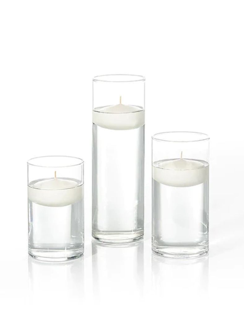 Floating Candles and Cylinder Vases (6”H, 7.5”H, 9”H, 3.5”D) 