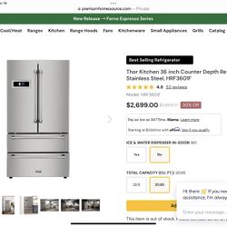 Thor Kitchen 36 Inch Counter Depth Refrigerator Stainless Steel With Ice maker JUST REDUCED 