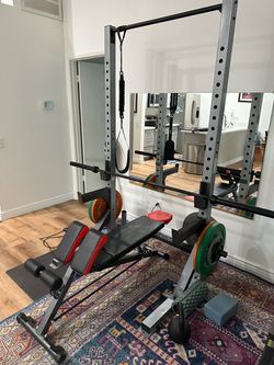 Workout equipment (bench, squat rack, barbell, weights)