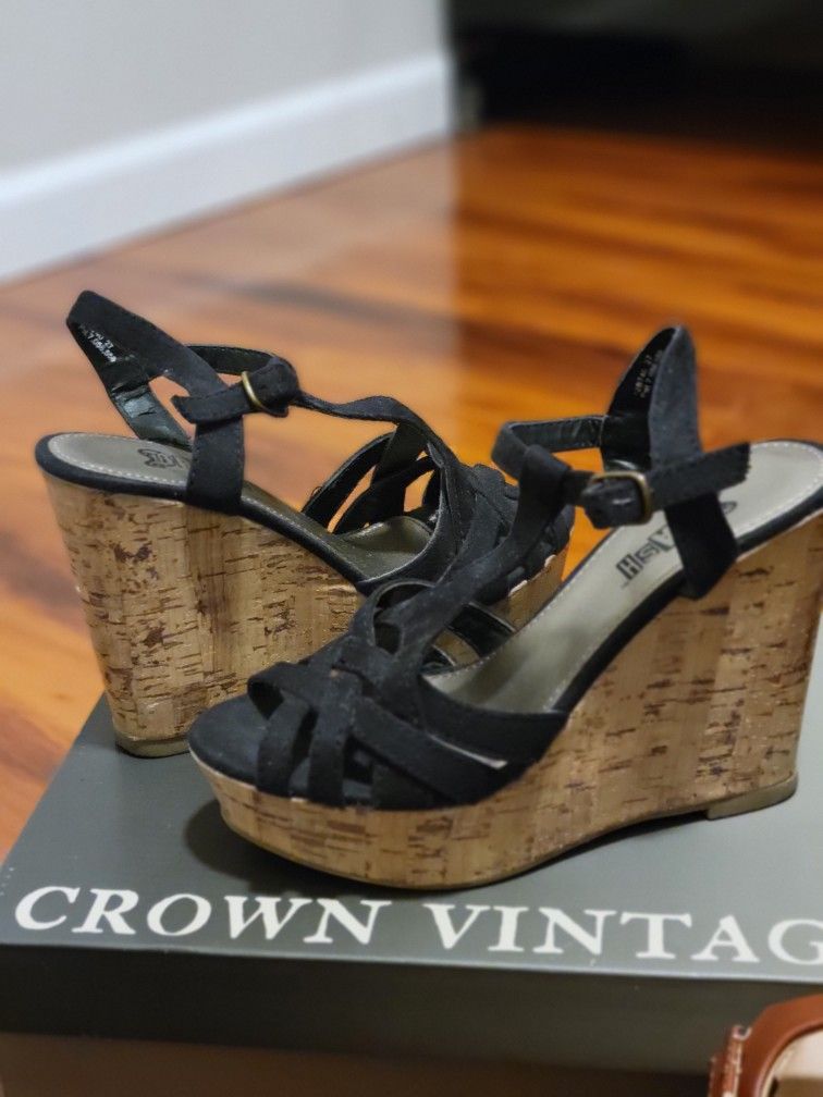 Black Wedges, Ankle Strap, Size 5