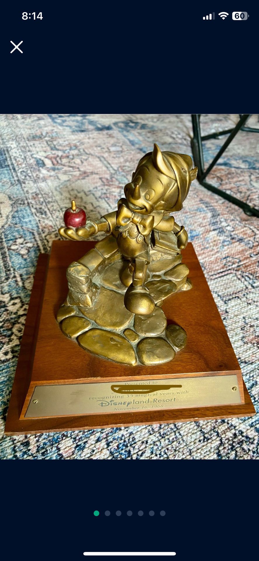 Disney’s Pinocchio Solid Bronze And Wood Cast Member 35 Year Award