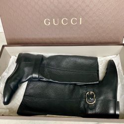 GUCCI Black Leather Sachalin Interlocking GG Women’s Riding Boots Sz 37-1/2