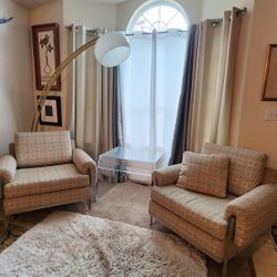 Pair of Kagan Style Acrylic Lounge Chairs + Side Table - Includes Extra Fabric!