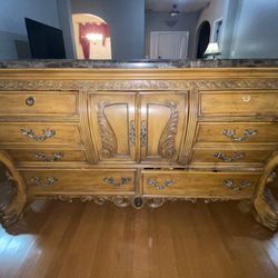 French Country Style Dresser with Marble Top and Carved Details 