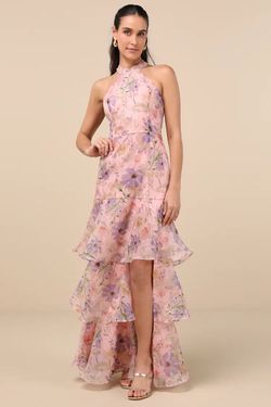 Pink Floral Halter Organza Maxi Dress