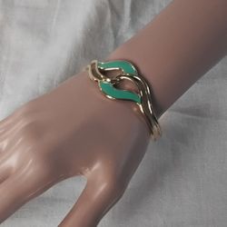 Avon LoveKnot Goldtone Aqua Enamel Cuff Bracelet Vintage