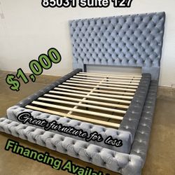 Queen Size Bed Frame Grey Velvet Brand New
