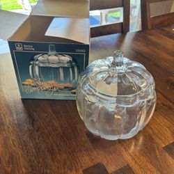 Vintage Anchor Hocking Pumpkin Glass Candy Cookie Jar Clear Fall Harvest 