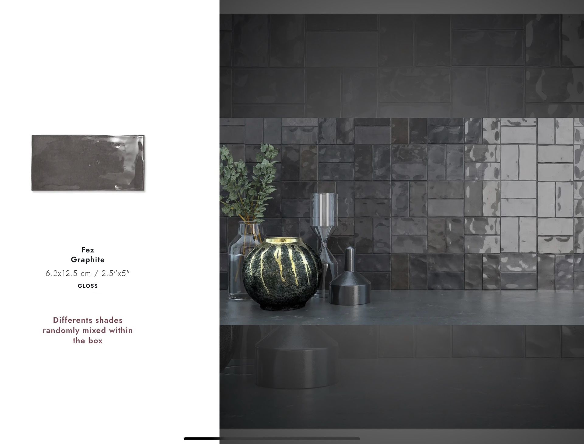 WOW Fez Glossy Graphite Tile 2.5x5, 100 SF $879 (500+ Available)