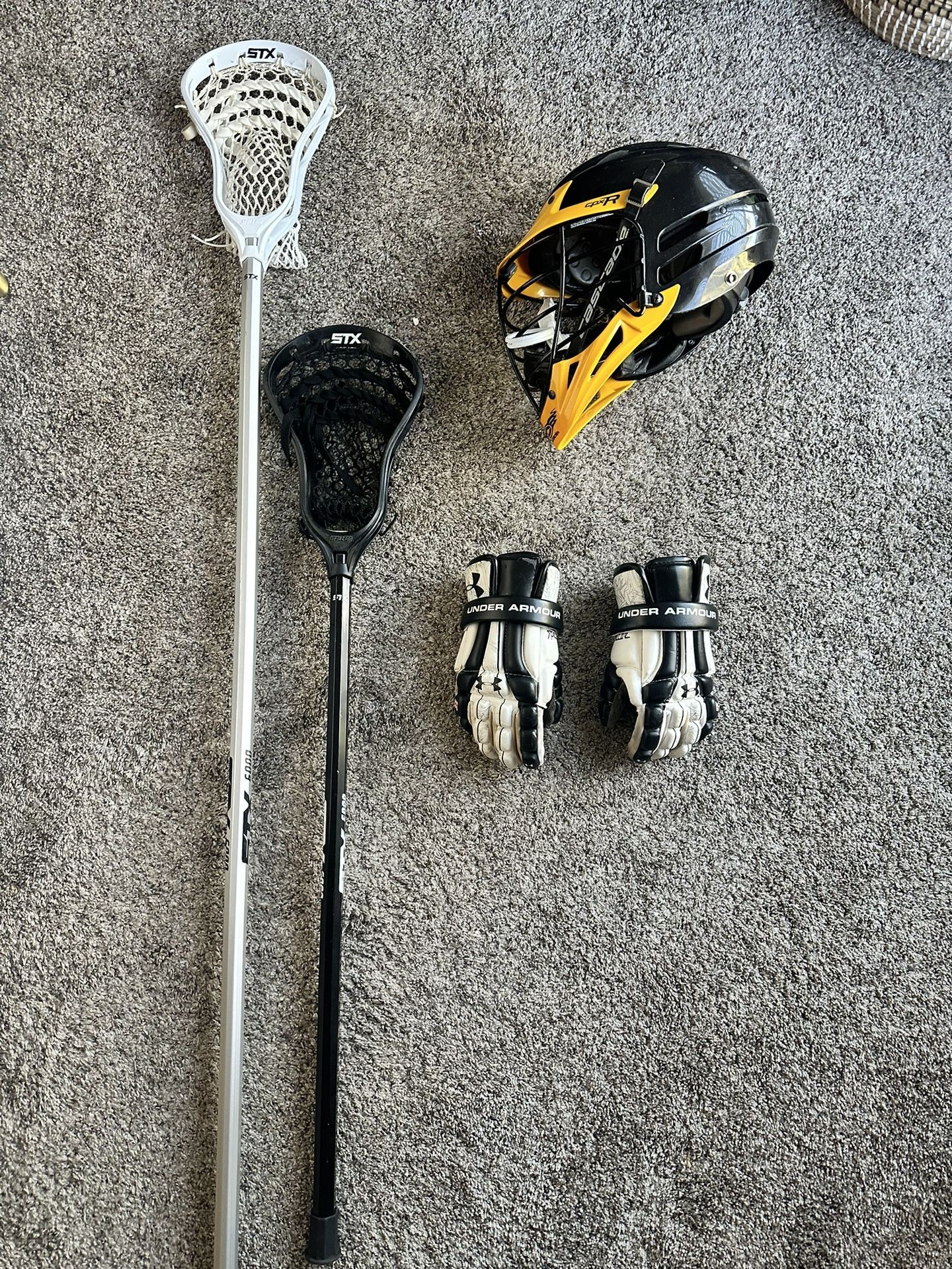 Lacrosse Gear Bundle - STX Goalie Stick, Attack Stick, Cascade Helmet, Under Armour Gloves