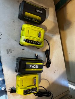 Complete set of Ryobi 40V batteries and chargers. Has two 6Ah lithium batteries. Also has two 40V chargers.$125 each set. Try before you buy. Pick up 