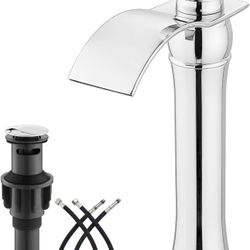 Waterfall Vessel Sink Faucet for Sink 1 Hole,Single Handle Tall Bathroom Sink Faucet,Brass Waterfall Bathroom Faucet Arc Body Mixer Tap with Pop Up Dr