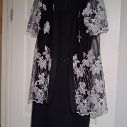 Pre-Owned beautiful black dress with double lining and light transparent floral jacket,  used in good condition 