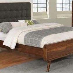 Brand New Wooden Bed with Grey Fabric