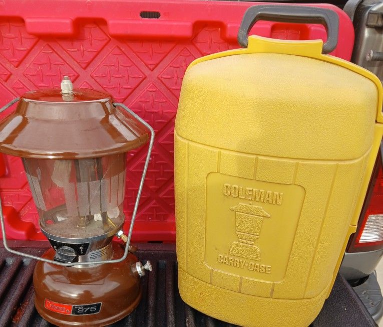 Vintage Coleman 275 Brown Lantern w/ Clamshell Case, Funnel & Mantles 84 read 🔥cracked globe works