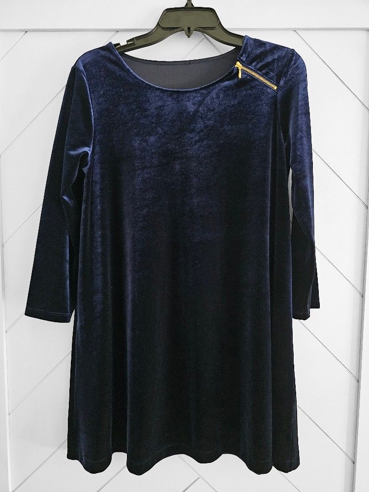 Joan Vass ¾ Sleeve Velour Tunic Deep Blue