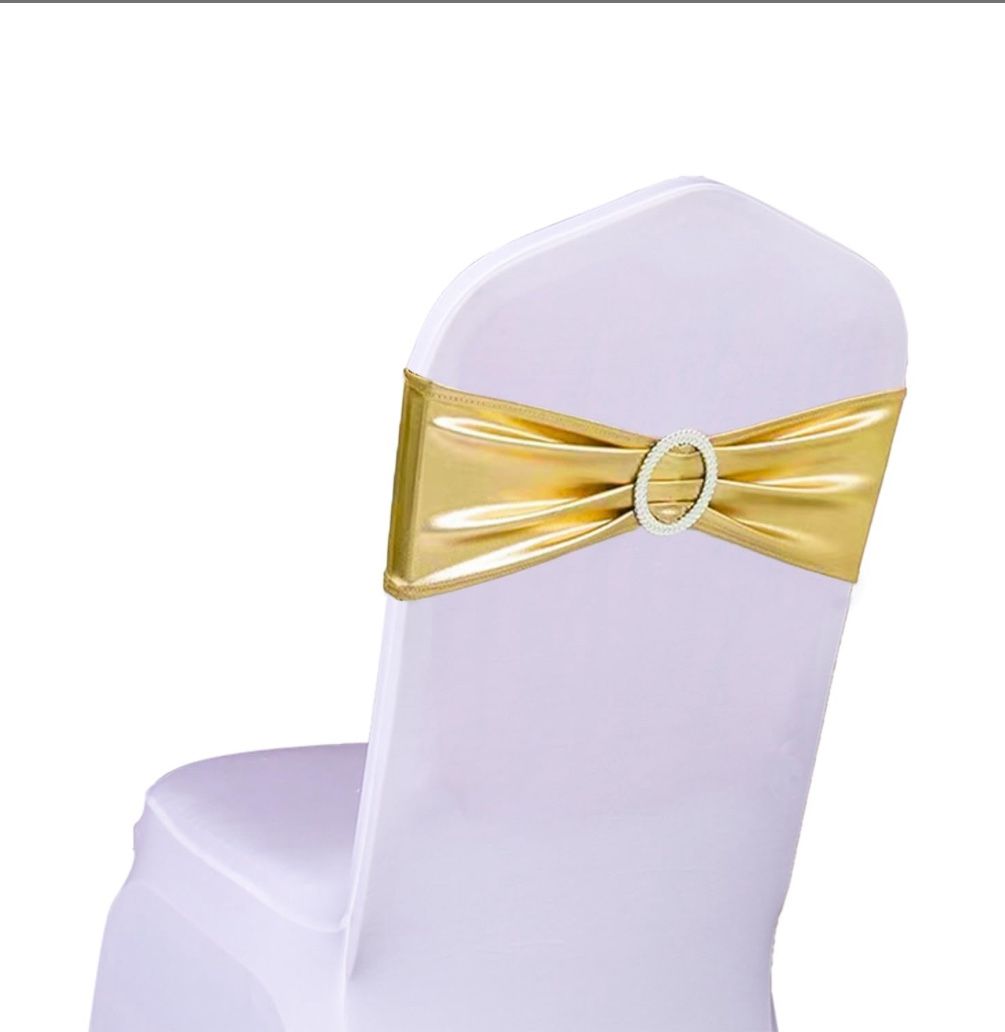 SINSSOWL Pack Of 50 Spandex Bronzing Gold Chair Sashes For Wedding Metal Gold Chair Bows Sashes Bands Fitting Birthday Party Anniversary Bridal Baby S