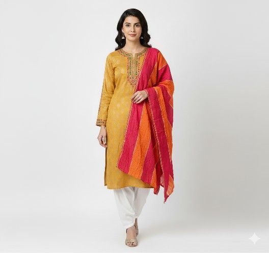Rang Ja Women's Pakistani Embroidered Kurti & Dupatta - Mustard, Medium