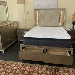 Queen Bed Room Set ( Includes Queen Bed Frame, Dresser, Mirror, 1 Night Stand On Sale