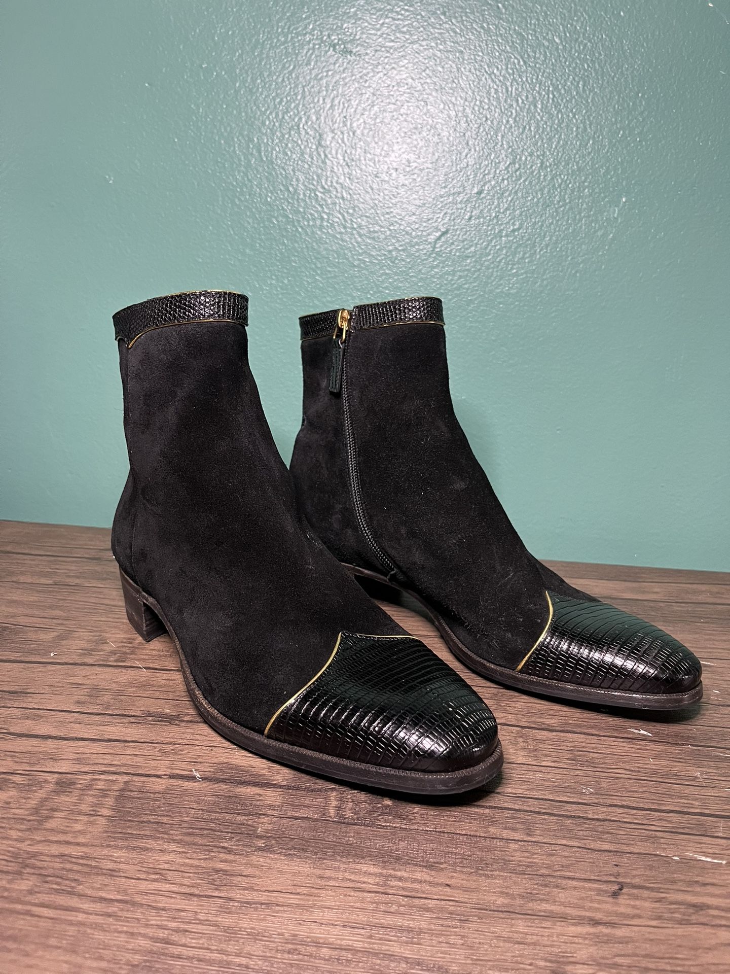 Gold-trimmed Suede Lizard-skin Boots In Black Suede