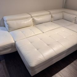 Modern White Leather L-Shaped Sectional Sofa with Ottoman