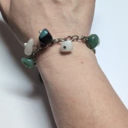 Silver Chain Green and White Natural Stones Tennis Bracelet 