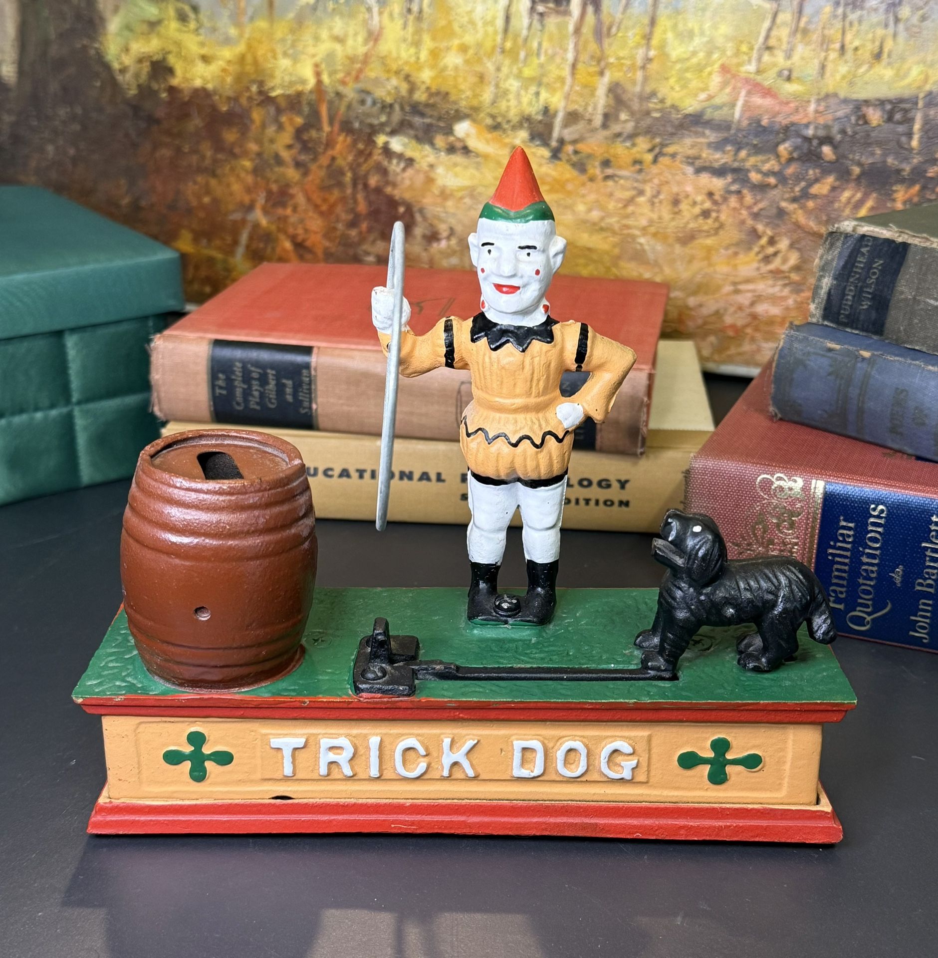 Vintage CAST IRON TRICK DOG Circus Clown Mechanical Coin Bank Metal Toy Works