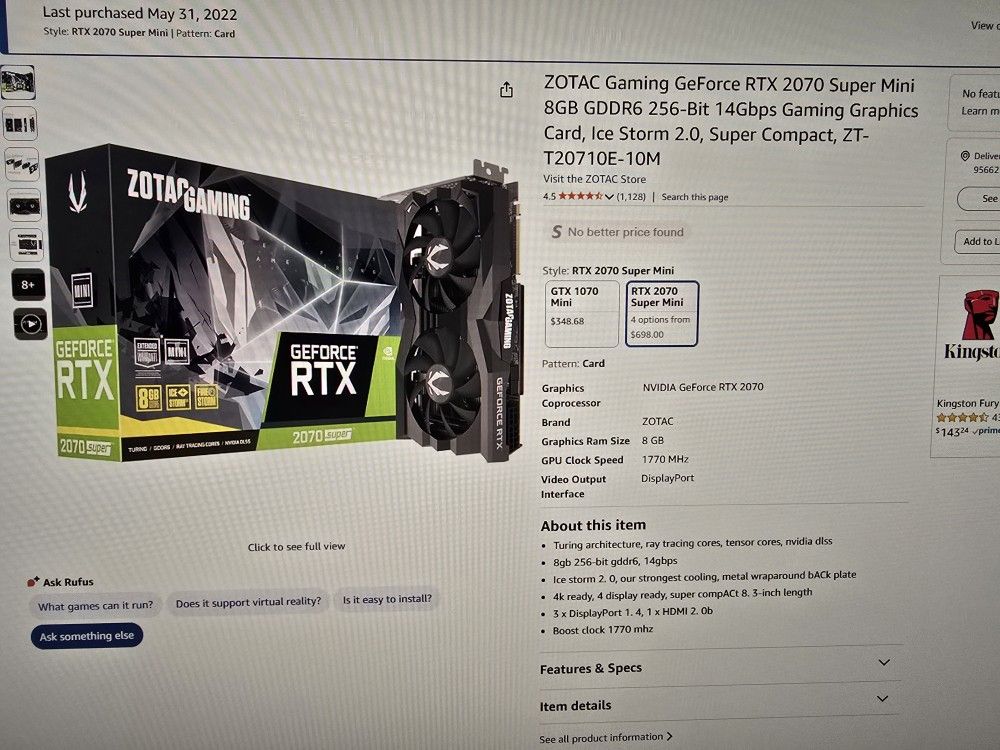 ZOTAC Gaming GeForce RTX 2070 Super Mini 8GB GDDR6 256-Bit 14Gbps Gaming Graphics Card, Ice Storm 2.0, Super Compact, ZT-T20710E-10M