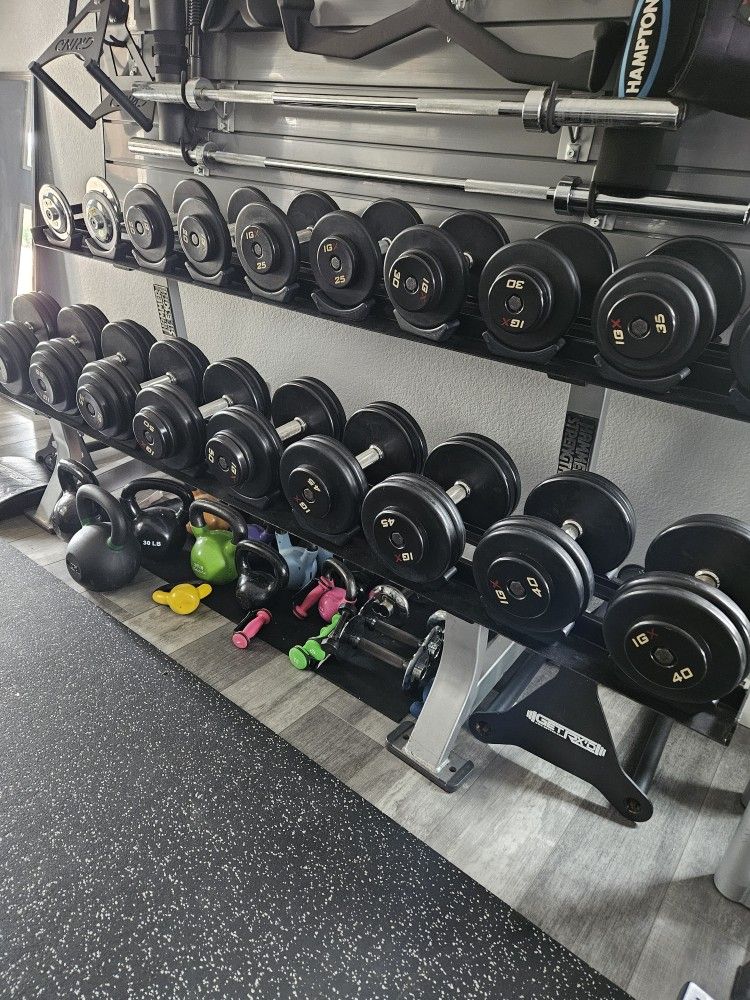Dumbbells  &  Rack  IGX  Rubber Coated  5-60 LBS  &  Hammer Strength Rack  DELIVERY AVAIL. READ BELOW. 