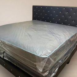 New KING SIZE BED FRAME WITH MATTRESS PLATFORM DIAMOND HEADBOARD MATTRESS AND BOX SPRING FREE DELIVERY 