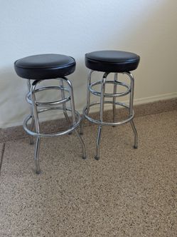 Set of 2 Chrome Bar Stools with Black Cushion