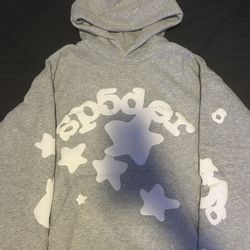 sp5der Gray White Star Graphic Print Fleece Hoodie Pullover Men's Size L