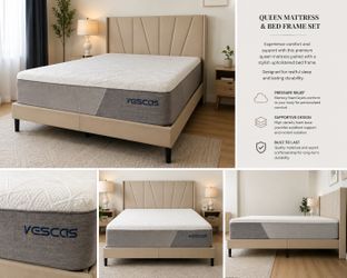 Queen Mattress + Upholstered Bed Frame Set | Great Condition