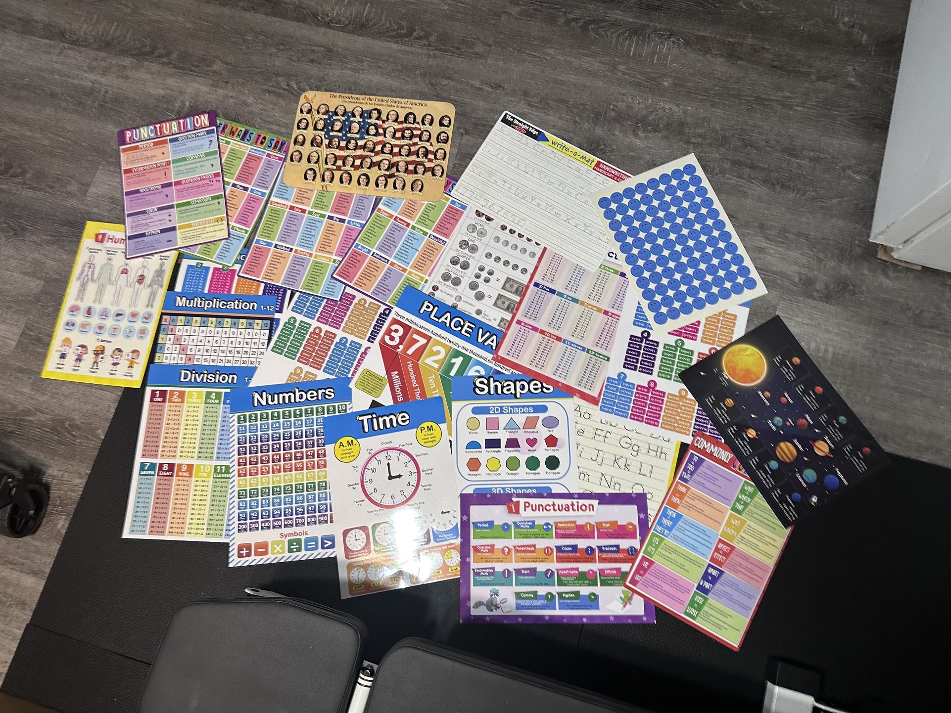 collection of educational posters and charts