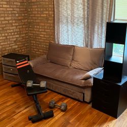Sofa Bed, Workout Bench W/ 40 Lbs Dumbbells and 3 Storage Units