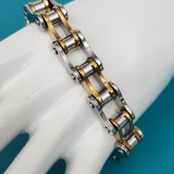Men's/Women's Silver And Gold Tone Stainless Steel Motorcycle Chain Bracelet 