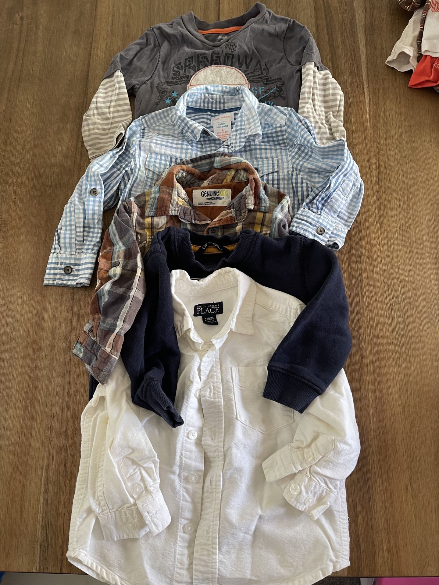 Boys size 2 - long sleeve, tank shirts and pants. Good used condition, no stains or tears. Brands: Old Navy Oshkosh Children’s place