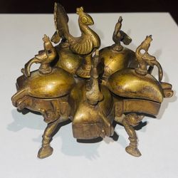 Vintage Indian Brass Spice Dish Covered Box Peacock Decoration 