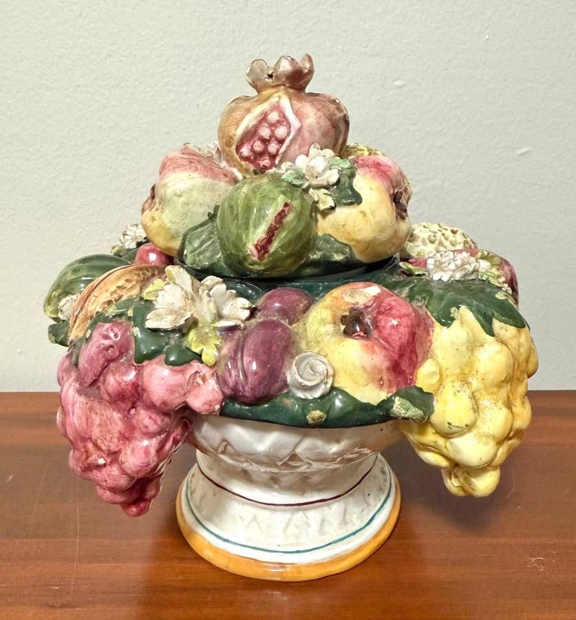 Antique Italian Majolica Fruit Basket Lidded Jar
