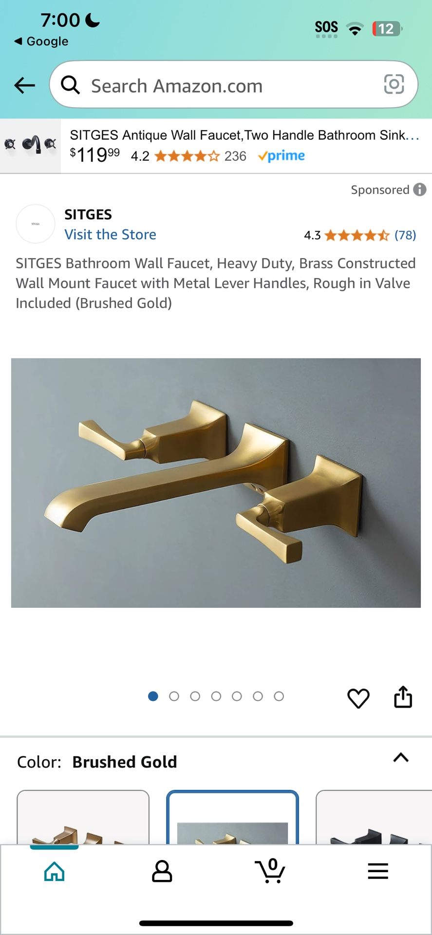 SITGES Bathroom Wall Faucet, Heavy Duty, Brass Constructed Wall Mount Faucet with Metal Lever Handles, Rough in Valve Included (Brushed Gold)