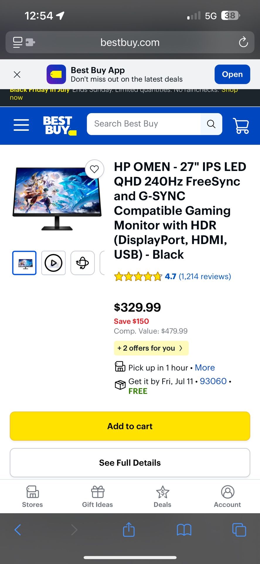 27” Omen monitor 240 Hz 1 ms Response Time