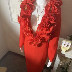 3D Flower Red Bondage Dress And Earrings 