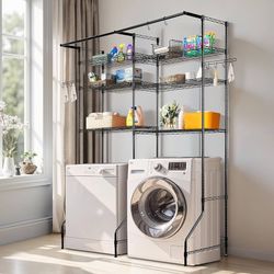 Over Washer and Dryer Storage Shelves 6-Tier Laundry Room Drying Rack For Laundry Room Storage & Organization, with Hanger Rod and Hooks, Two Rows Adj