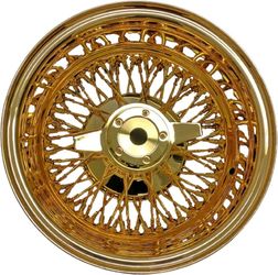 13” or 14” Wire wheel GOLD CENTER Knock-off cross Laced W/2 Bar Gold Spinner And Adapter