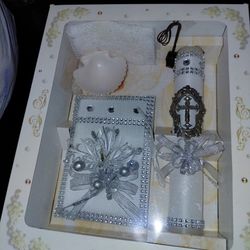 NEW NUEVO SILVER AND WHITE BAUTIZO BAPTISM ROSARY ROSARIOS  BAPTISMAL SET