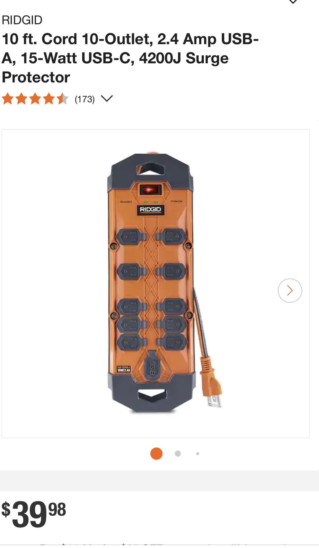 RIDGID 10 ft. Cord 10-Outlet, 2.4 Amp USB-A, 15-Watt USB-C, 4200J Surge Protector